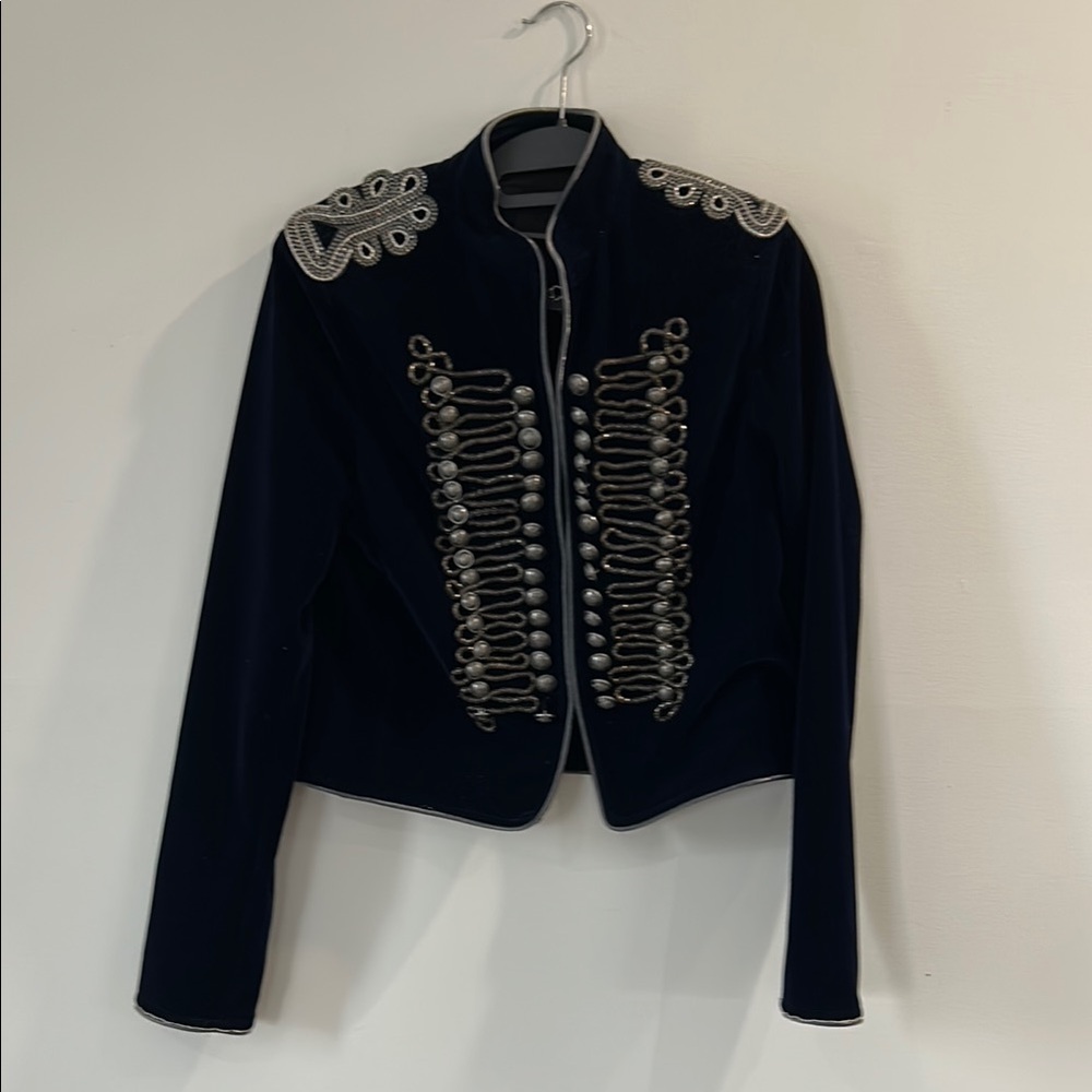 Blue and Gray Blazer with Military-Inspired Design